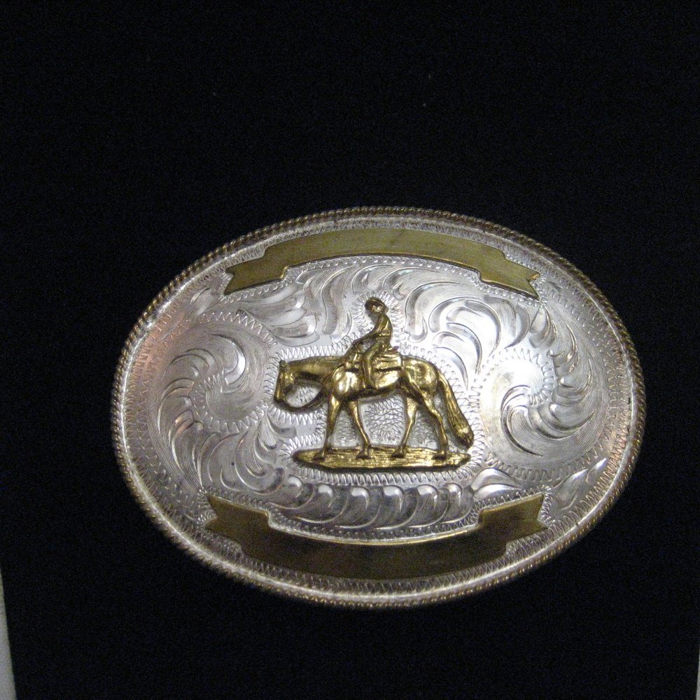 HORSE & RIDER BELT BUCKLE MEXICAN SILVER W/BRASS